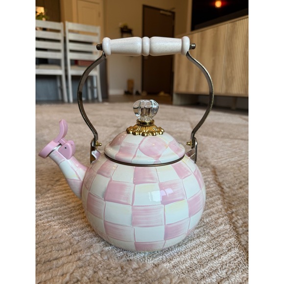 MacKenzie-Childs Other - Mackenzie Childs Rosy Check Enamel Tea Kettle Pink White 2 Quart Whistling New